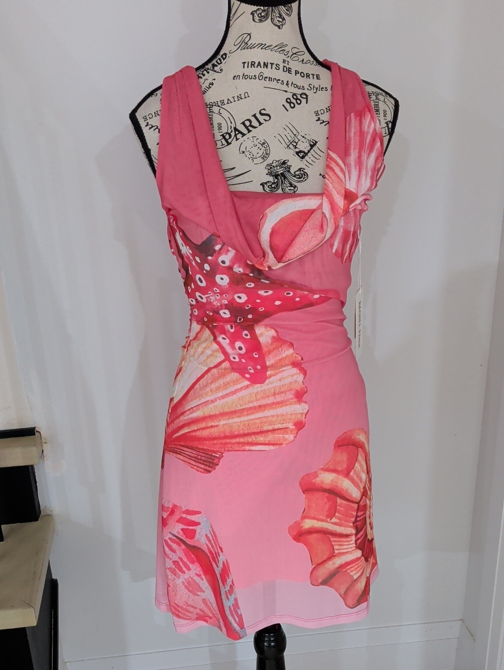 RACHEL PAIGE | Women's Pink/Coral Seashell Print Sleeveless Mesh Mini Dress